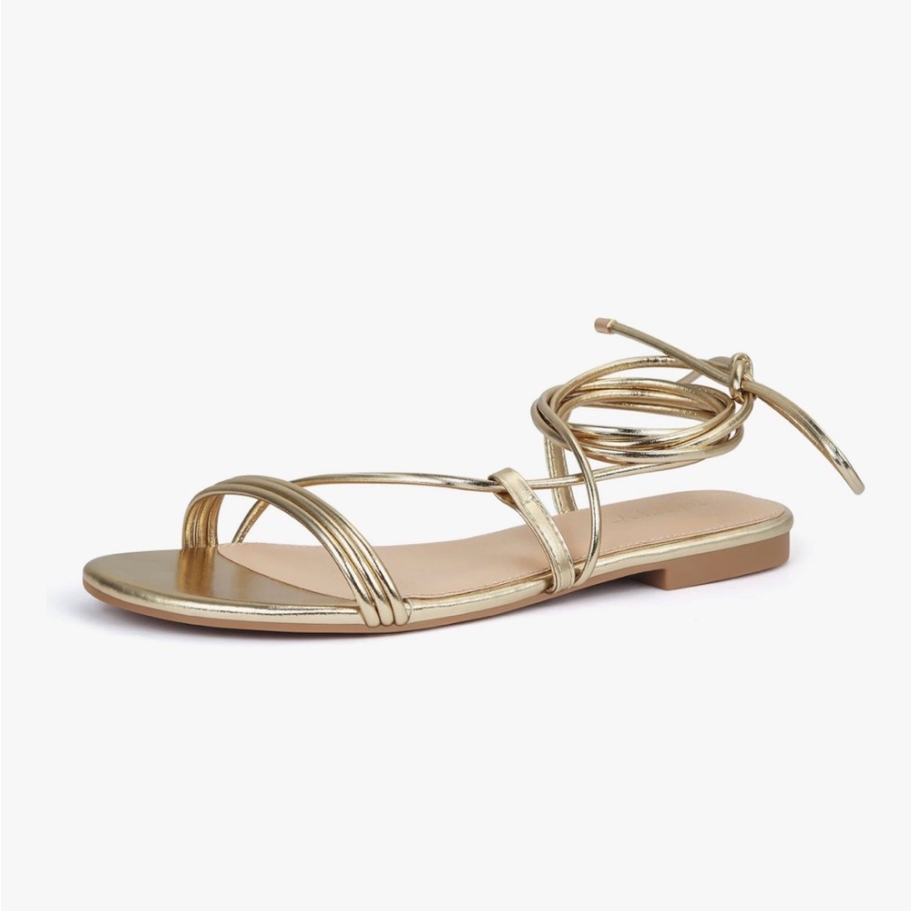 PARTY Women's Strappy Sandals Lace Up Flats Open Toe Ankle Strap Shoes, Gold, 9